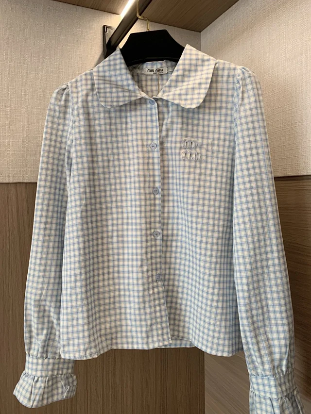 Unbranded Shirts Blue plaid peter pan collar button-up shirt with puff sleeves and ruffled cuffs product detail image 6