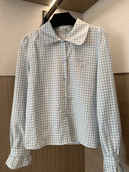 Design Blue and White Gingham Peter Pan Collar Shirt Tops Shirt - 7