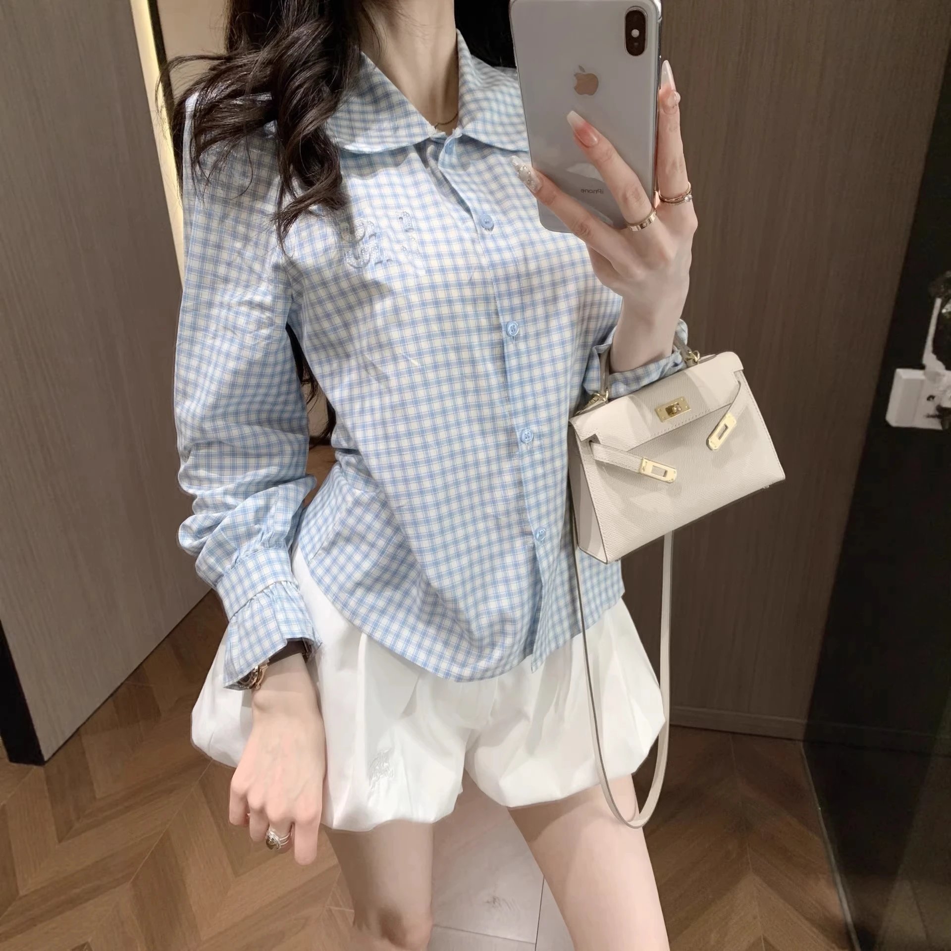 Unbranded Shirts Blue plaid peter pan collar button-up shirt with puff sleeves and ruffled cuffs image 2