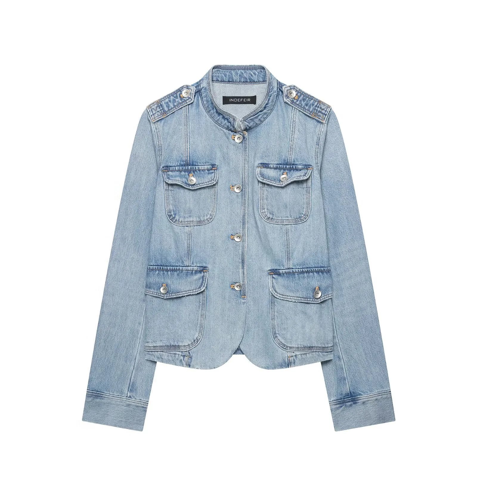 Women Vintage Denim Jacket with Shoulder Pads