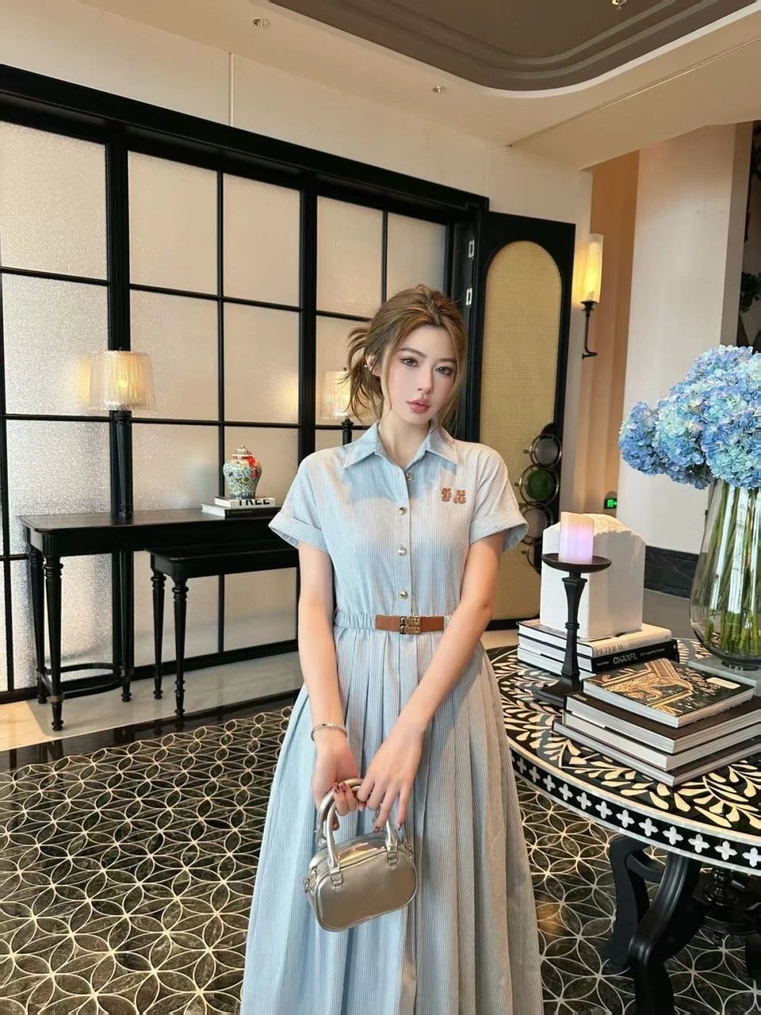 Miu Miu Striped Shirt Dress in Light Blue with Embroidered Logo - 3