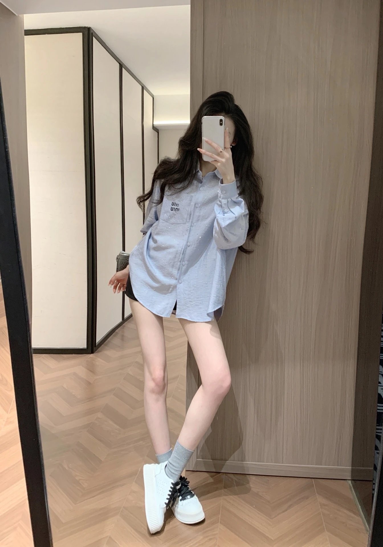 Design Embroidered Logo Light Blue Oversized Shirt Tops Shirt - 6