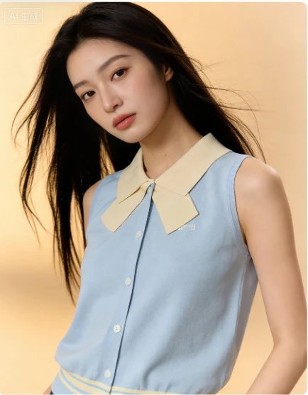 Design Collar Vest Top in Sky Blue and Black with Contrast Collar and Striped Hem - 3