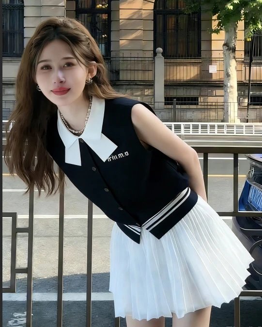 Design Collar Vest Top in Sky Blue and Black with Contrast Collar and Striped Hem - 4