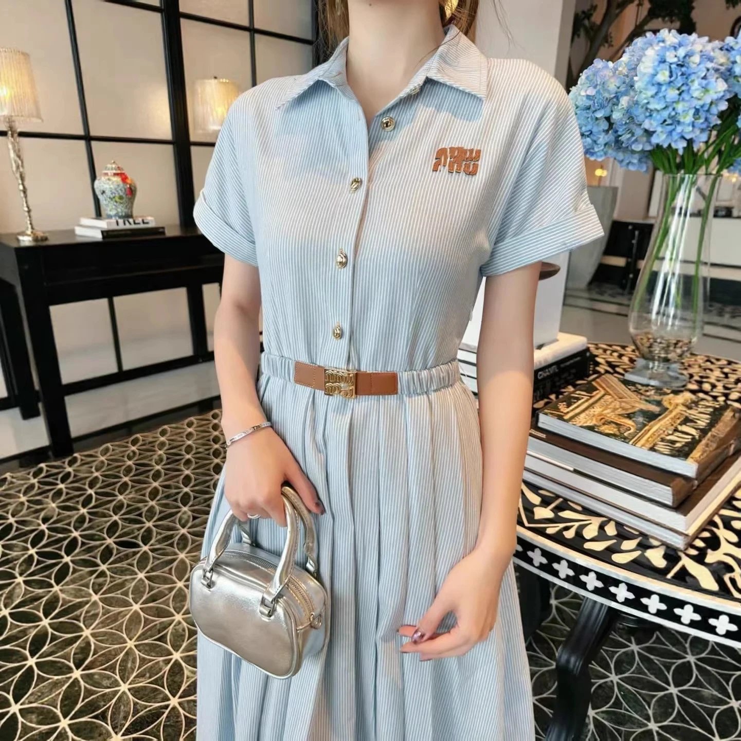 Miu Dresses Pinstriped short-sleeve collared belted shirt dress image 2