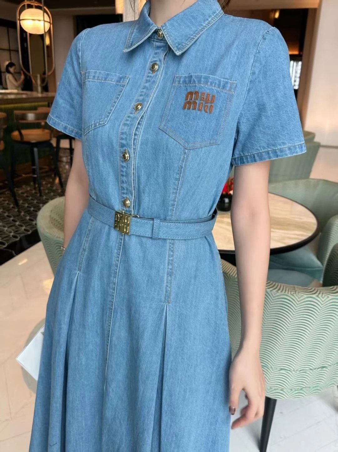 Miu Miu Denim Shirt Dress in Light Blue with Embroidered Logo - 3