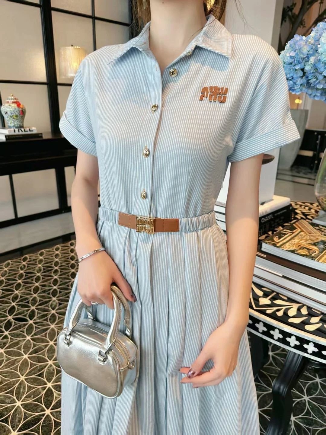 Miu Miu Striped Shirt Dress in Light Blue with Embroidered Logo - 4