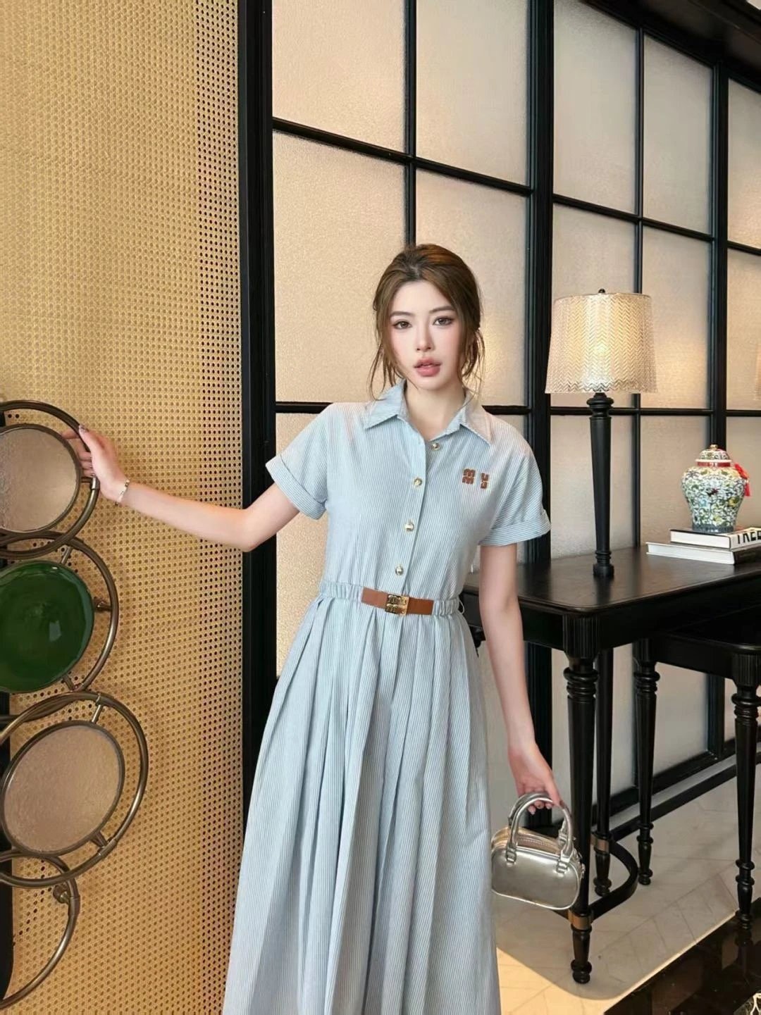 Miu Miu Striped Shirt Dress in Light Blue with Embroidered Logo - 5