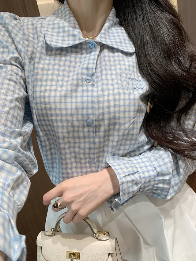 Unbranded Shirts Blue plaid peter pan collar button-up shirt with puff sleeves and ruffled cuffs product detail image 5