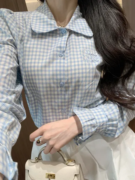 Design Blue and White Gingham Peter Pan Collar Shirt Tops Shirt - 6