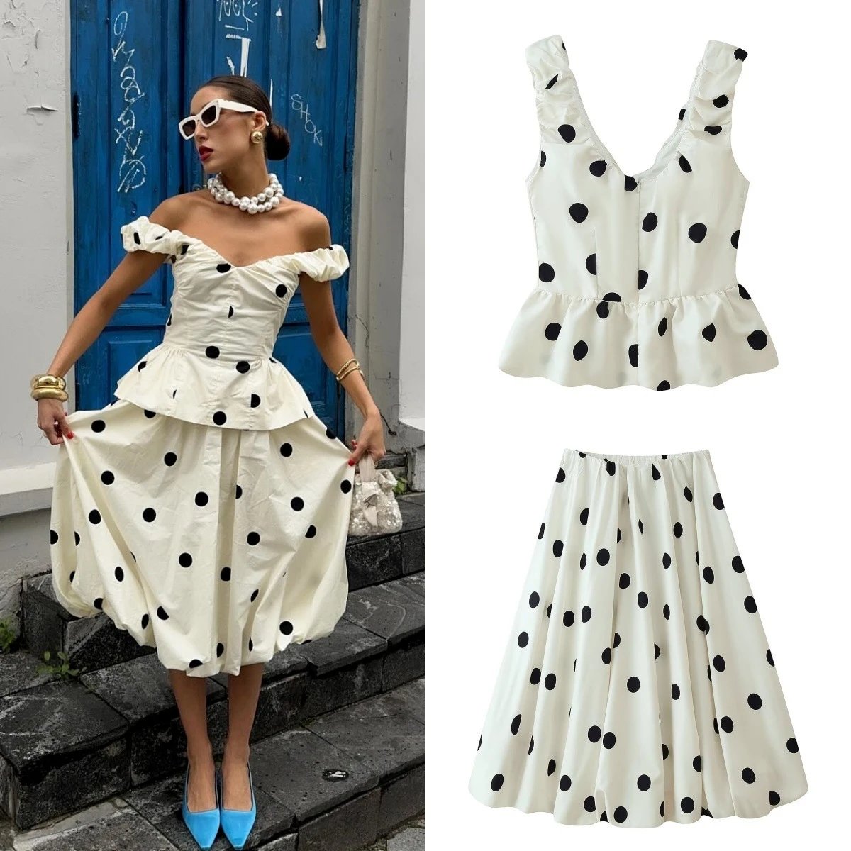 2026 Summer French Dot Ruffle Top and Skirt Se