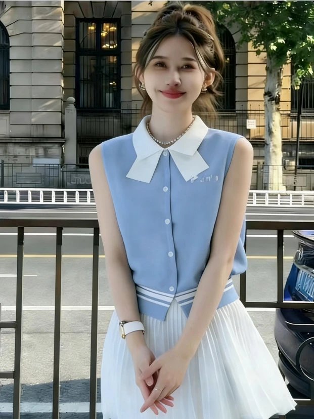 Design Collar Vest Top in Sky Blue and Black with Contrast Collar and Striped Hem - 2