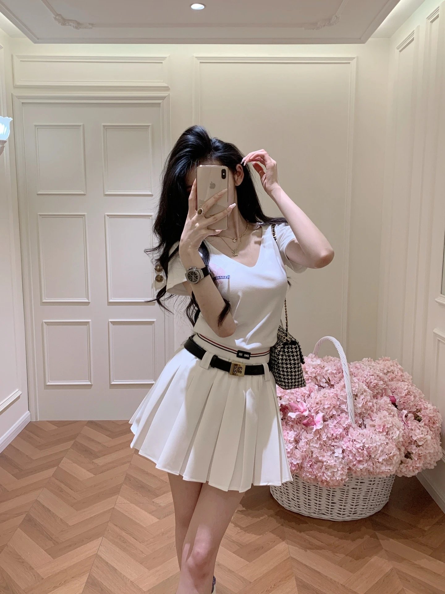 Thom Browne Pleated Skirt with Striped Waistband and Belt in White - 2