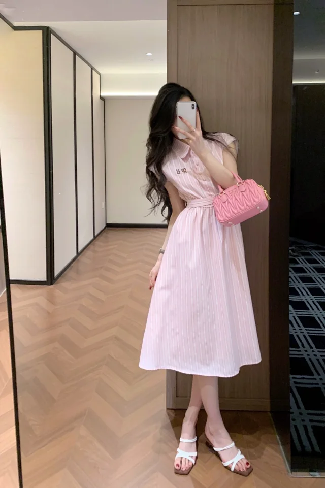 Miu Dresses Striped belted shirt dress with lace-trim cap sleeves product detail image 1