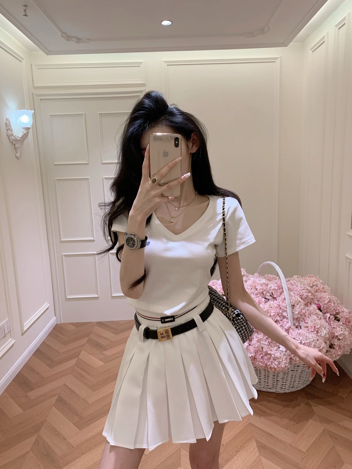 Thom Browne Pleated Skirt with Striped Waistband and Belt in White - 4