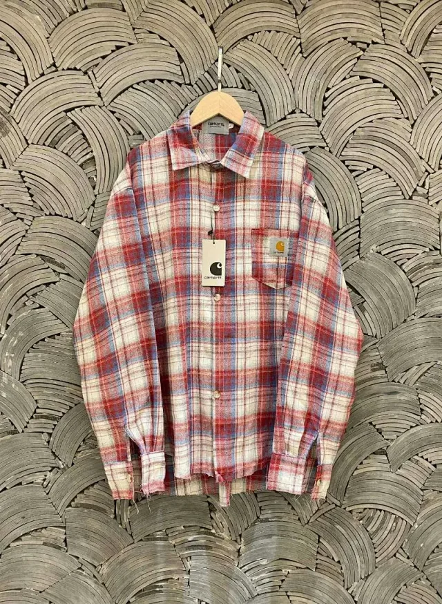 Carhartt Shirts Plaid button-up shirt with chest pocket and distressed hem product detail image 1
