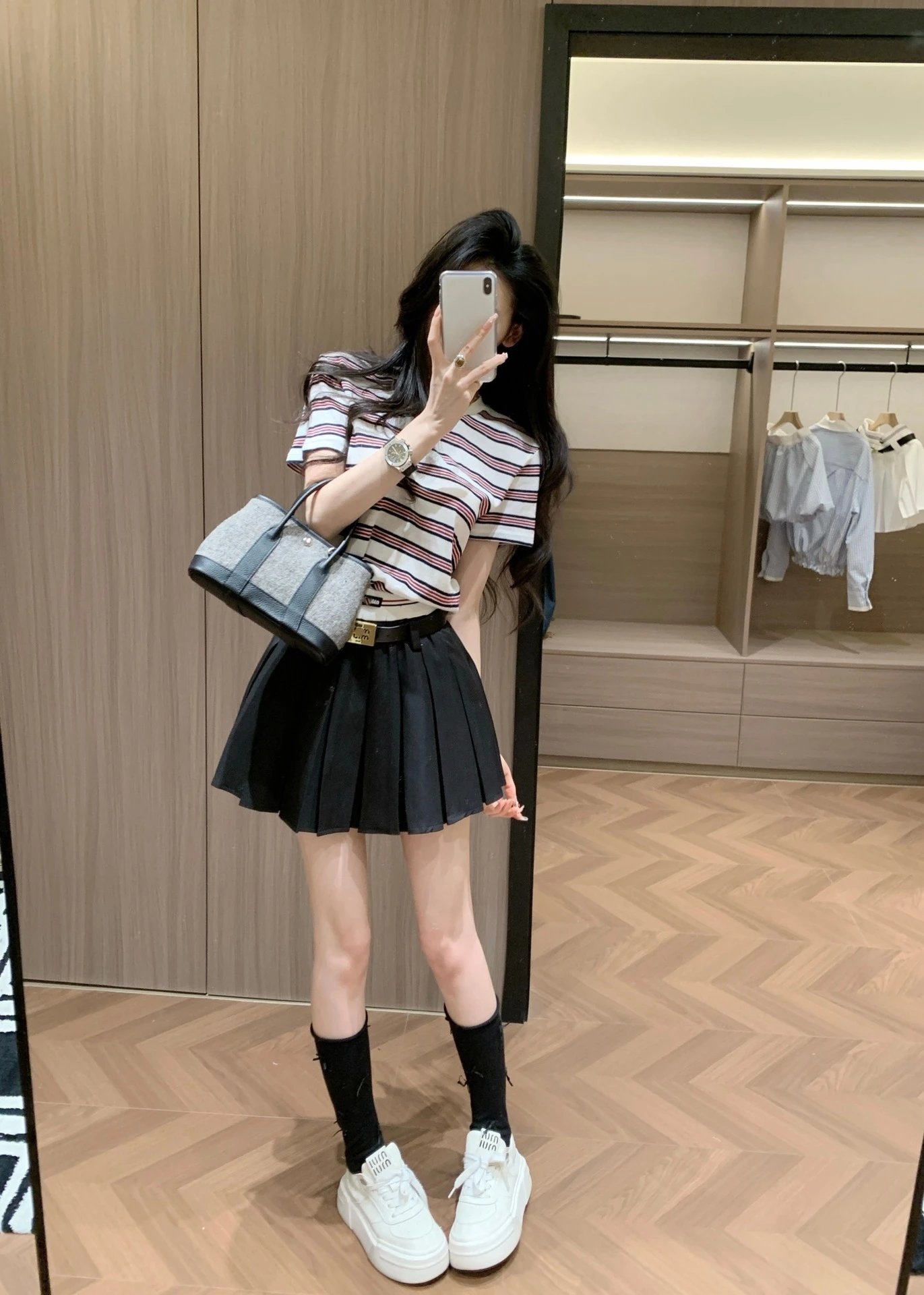 Thom Browne Pleated Skirt with Striped Waistband and Belt in White - 6