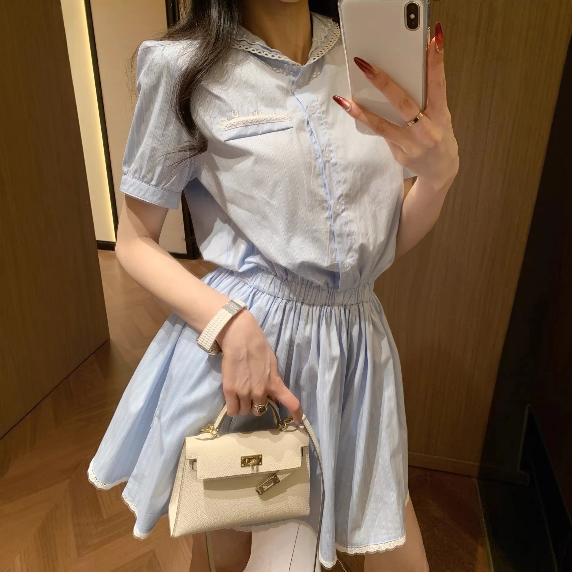 Miu Dresses Striped lace-trim collared shirt dress image 2