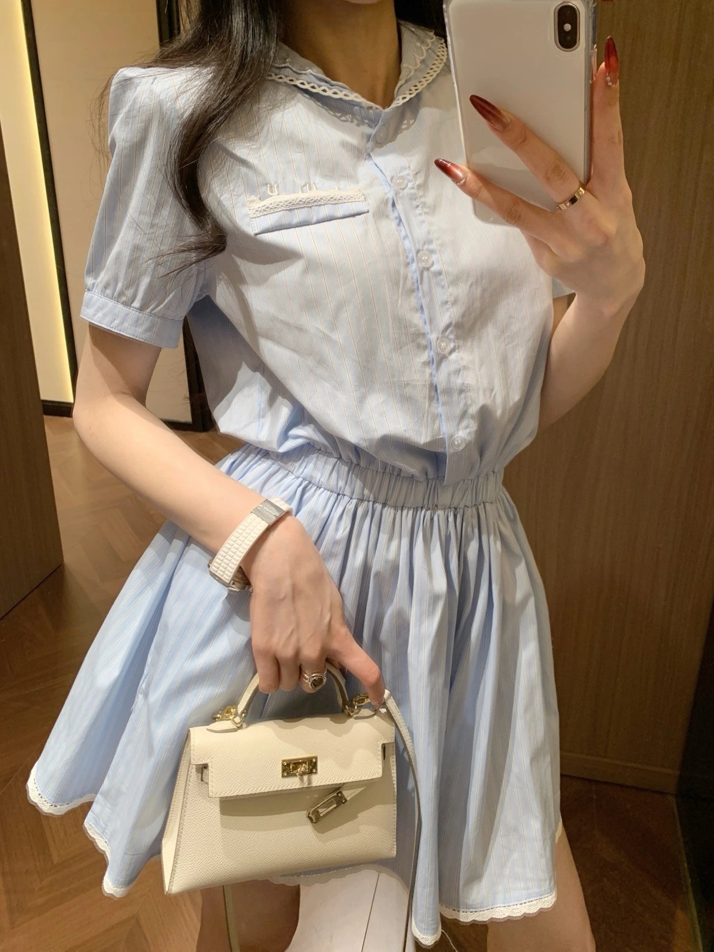 Miu Miu Striped Lace-Trim Shirt Dress in Light Blue - 2