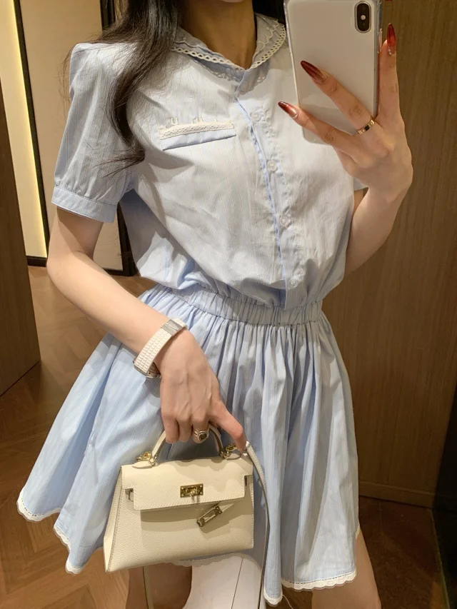 Miu Dresses Striped lace-trim collared shirt dress product detail image 1