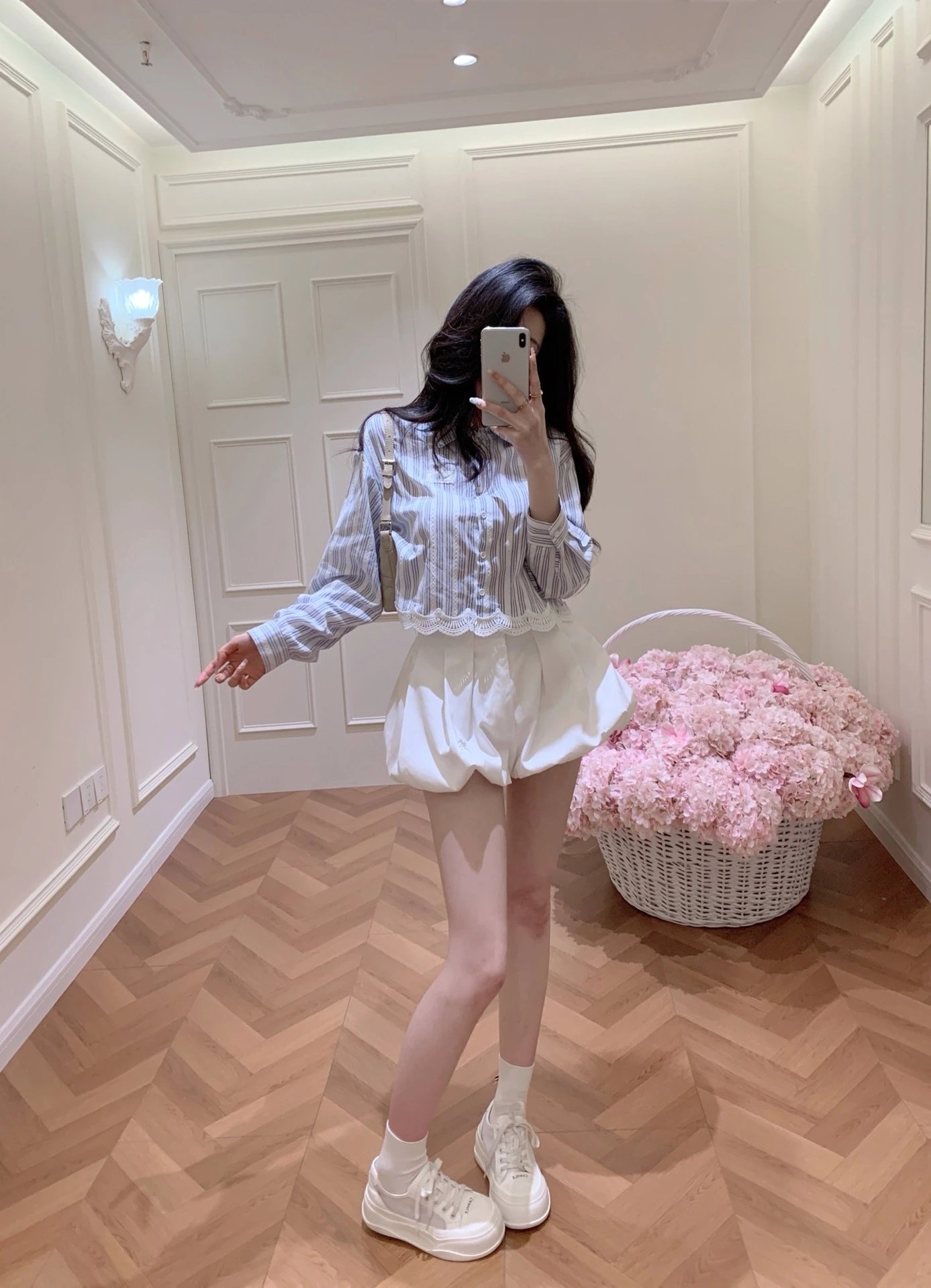 Design Striped Lace-Trim Shirt and Puff Shorts Set in Blue-White - 6