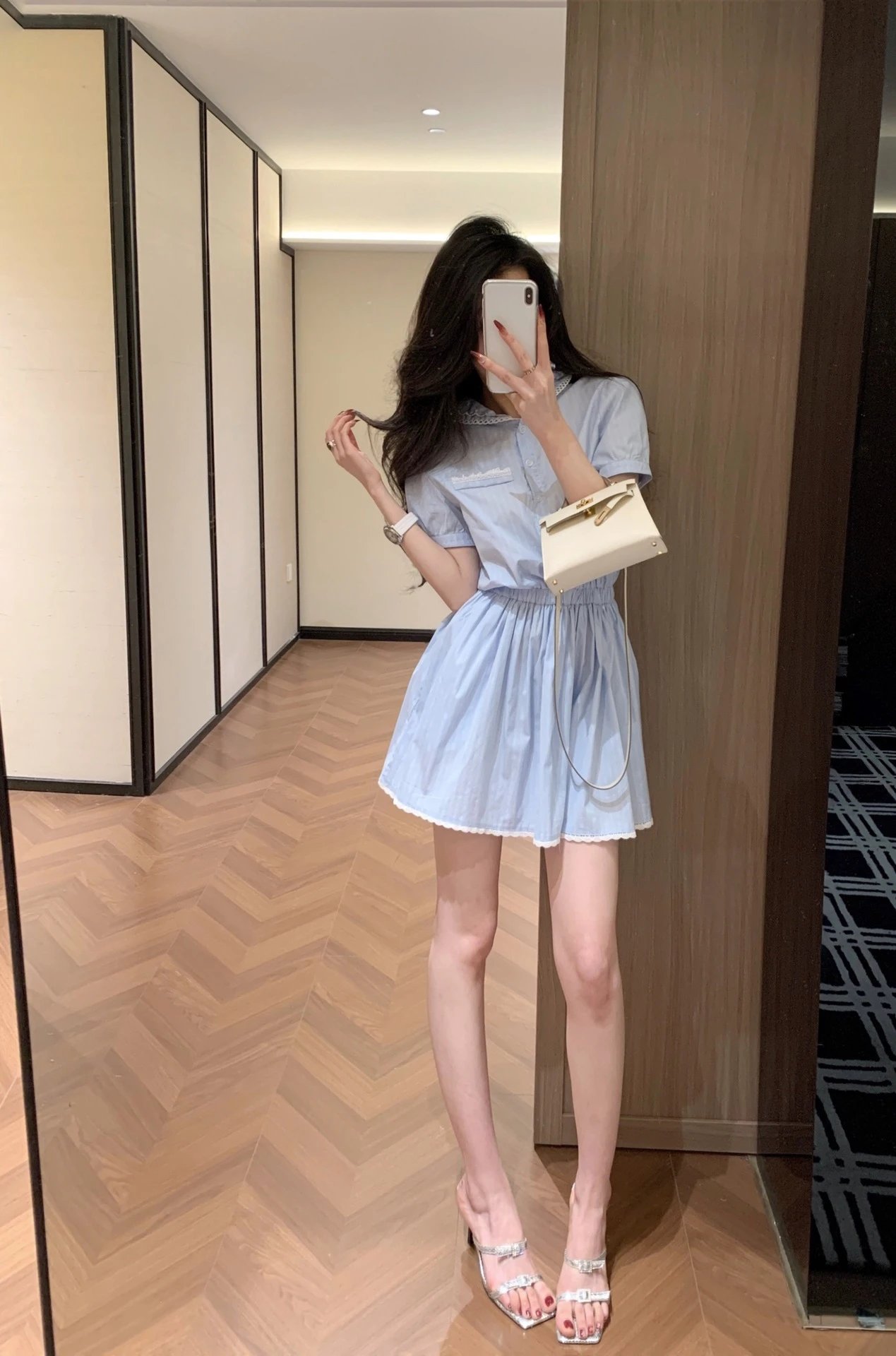 Miu Miu Striped Lace-Trim Shirt Dress in Light Blue - 7