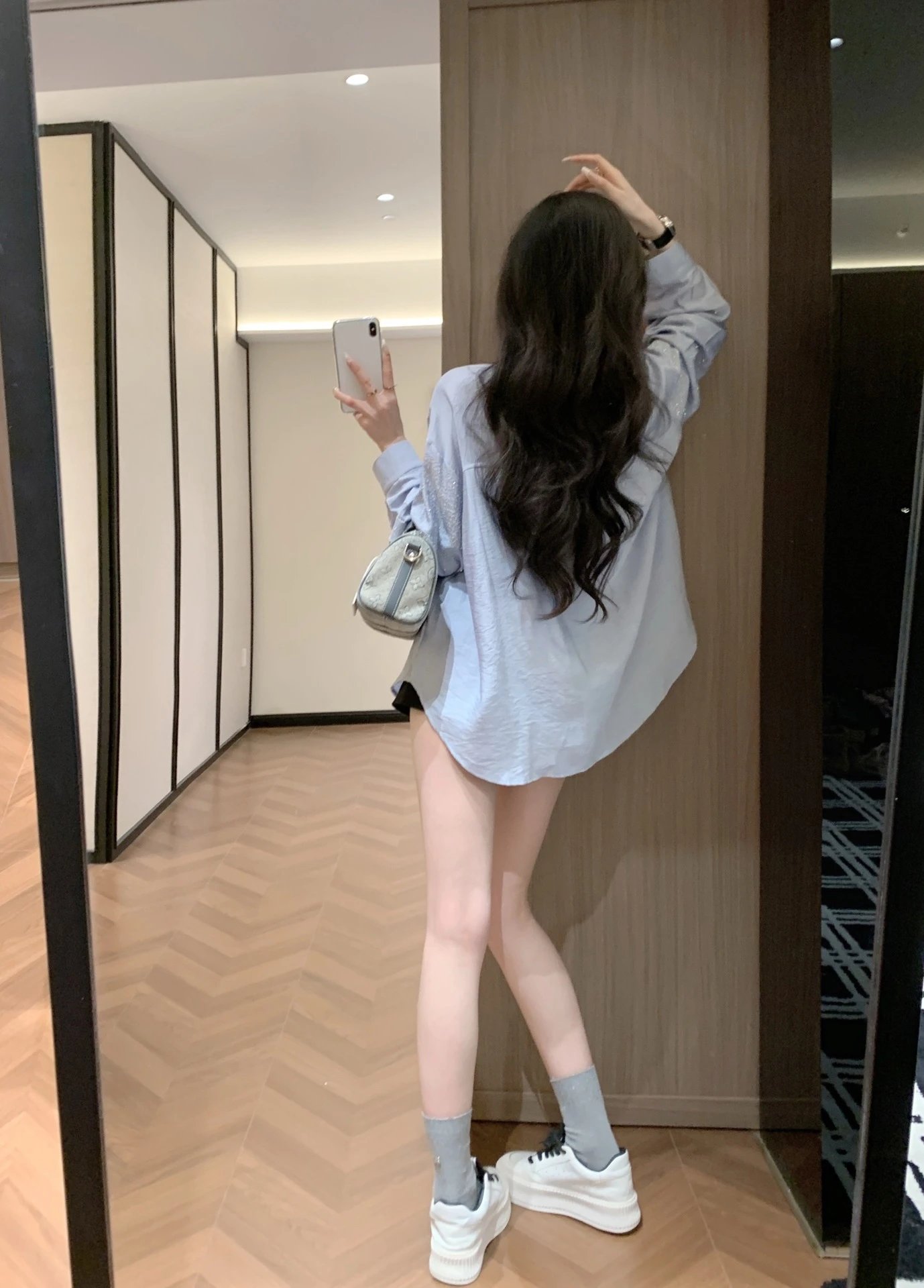 Design Embroidered Logo Light Blue Oversized Shirt Tops Shirt - 7