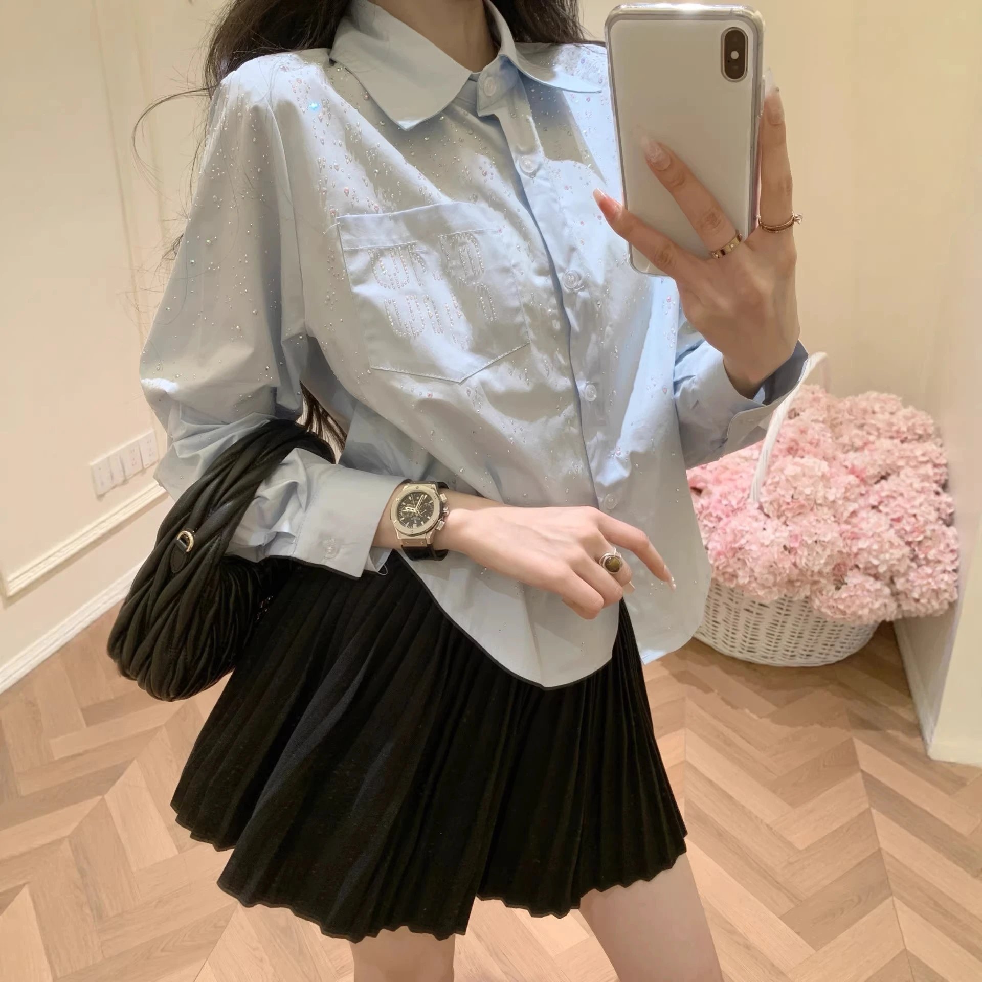 Unbranded Shirts Rhinestone-embellished button-up shirt with chest pocket image 2