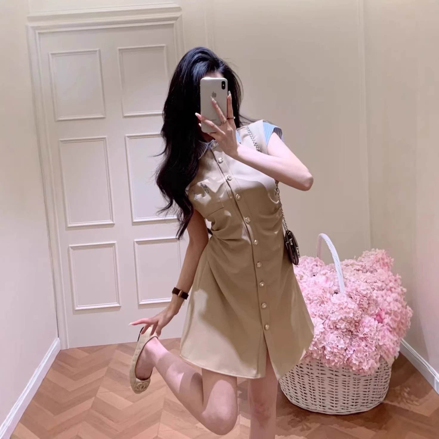 Beige Button-Up Mini Dress