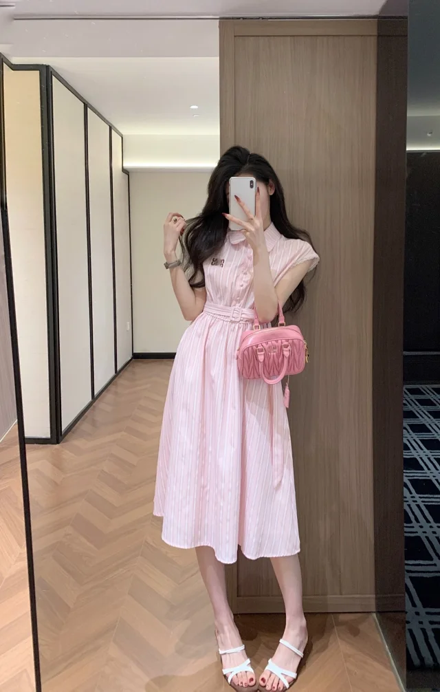 Miu Dresses Striped belted shirt dress with lace-trim cap sleeves product detail image 4