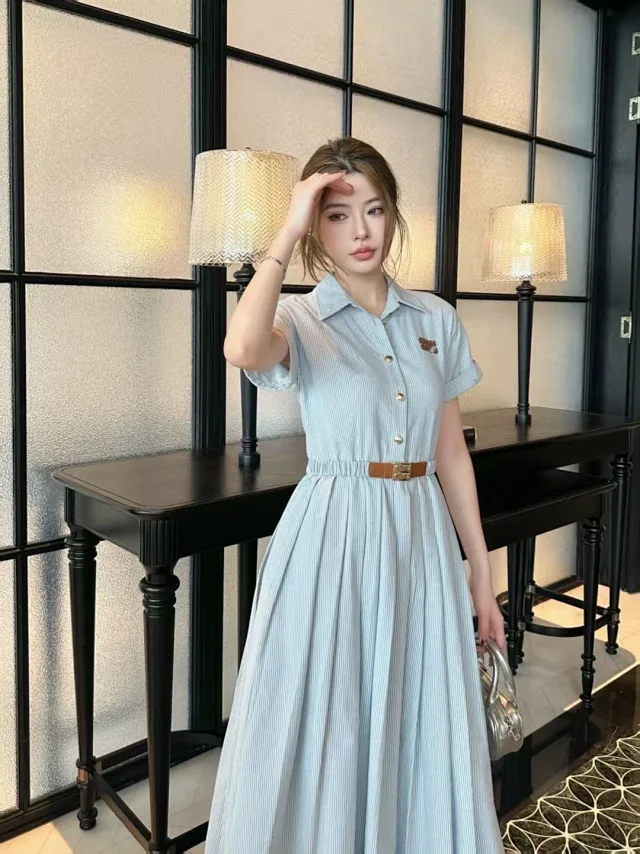 Miu Dresses Pinstriped short-sleeve collared belted shirt dress product detail image 1