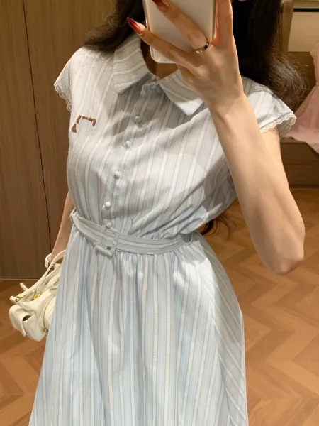 Miu Miu Striped Cotton Shirt Dress in Light Blue and White - 11