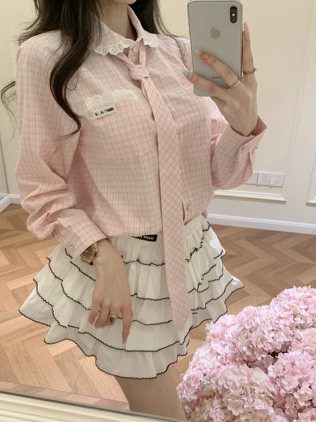 Miu Shirts Plaid lace-collar shirt with matching tie product detail image 1