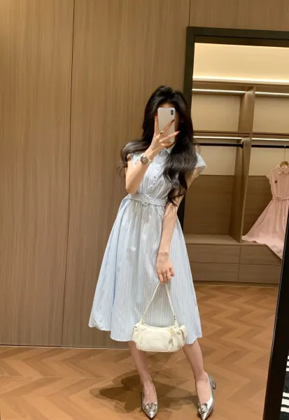 Miu Miu Striped Cotton Shirt Dress in Light Blue and White - 10