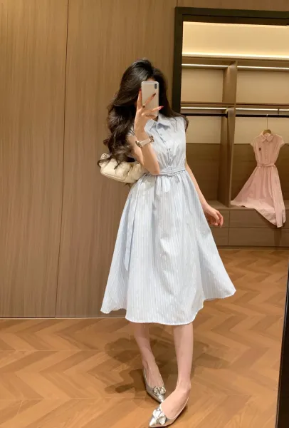 Miu Miu Striped Cotton Shirt Dress in Light Blue and White - 12