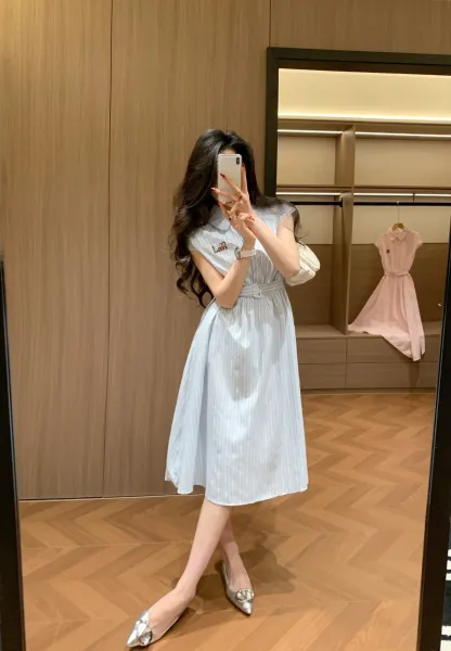 Miu Miu Striped Cotton Shirt Dress in Light Blue and White - 9