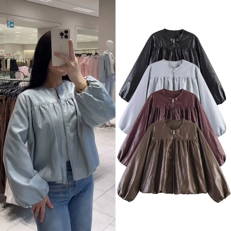 Women Spring Autumn Round Neck Shiny Crinkle S