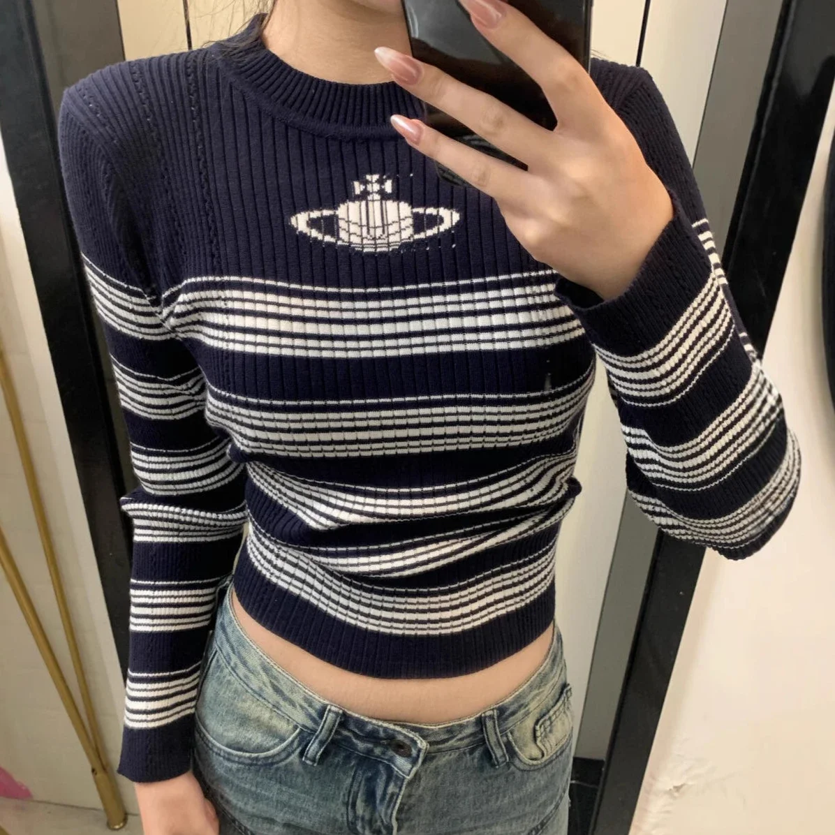 1to1reps Hoodies/Sweaters fashion reps product 现货西太后vivi早秋新款时尚条纹拼色针