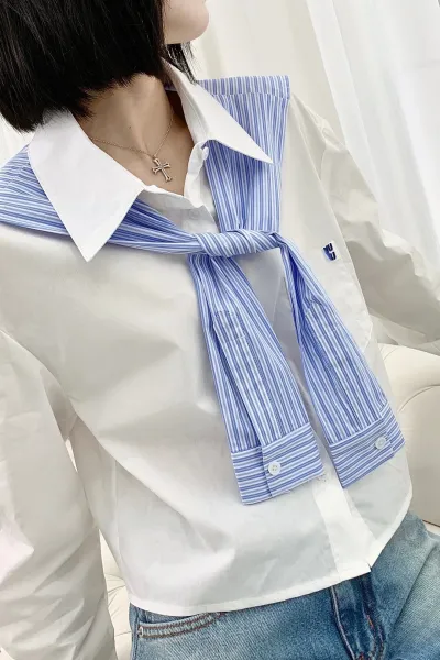 Design Sailor Collar Shirt with Blue Stripe Tie White Tops Shirt - 6
