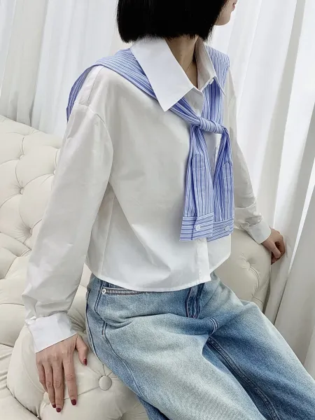 Design Sailor Collar Shirt with Blue Stripe Tie White Tops Shirt - 7