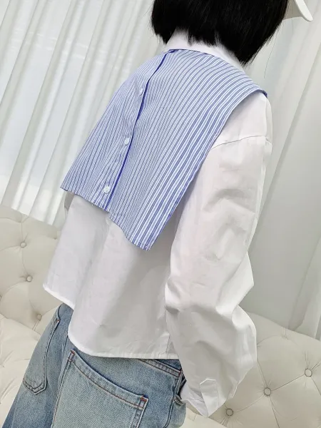 Design Sailor Collar Shirt with Blue Stripe Tie White Tops Shirt - 8