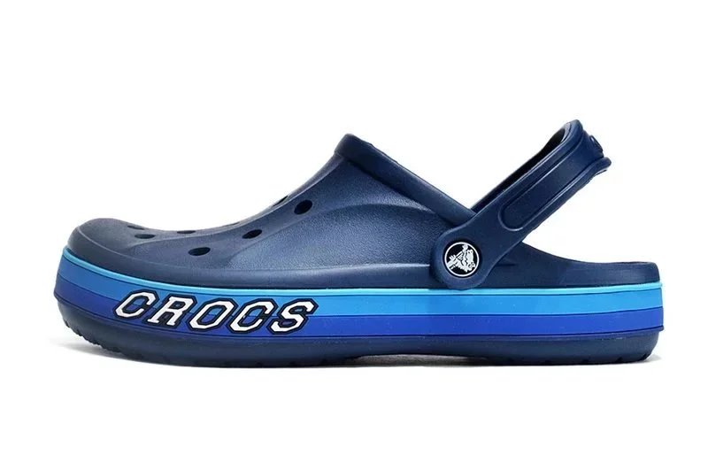 Crocs Classic Clog White with Blue Logo Stripes Sandals - 4