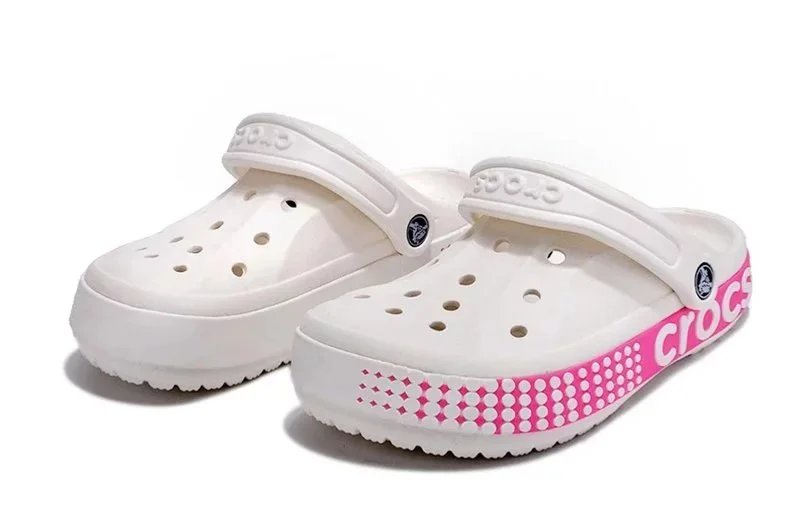 Crocs Classic Clog White with Blue Logo Stripes Sandals - 15