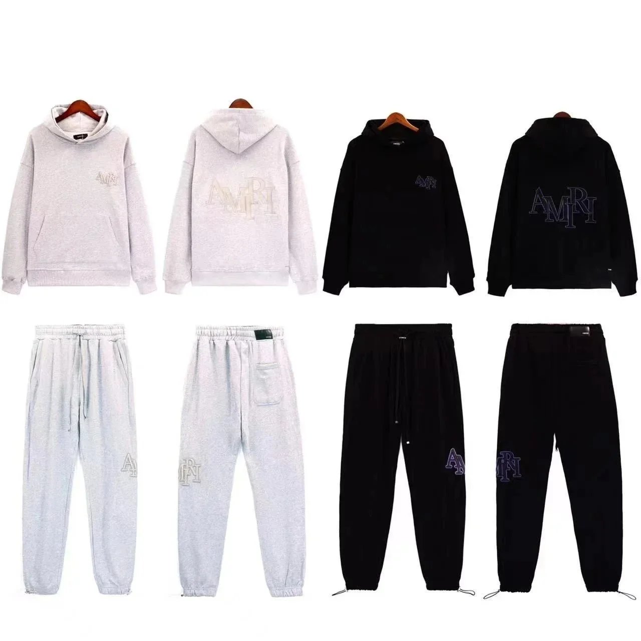 Amiri Logo Embroidered Hoodie and Sweatpants Set Gray and Black Tracksuit