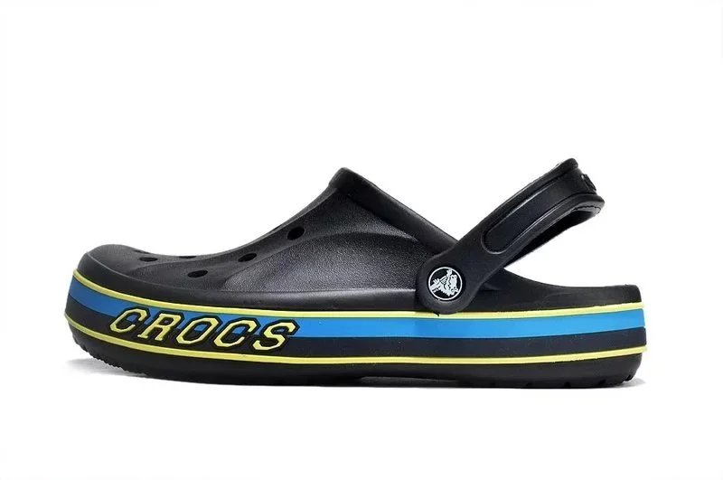 Crocs Classic Clog White with Blue Logo Stripes Sandals - 5