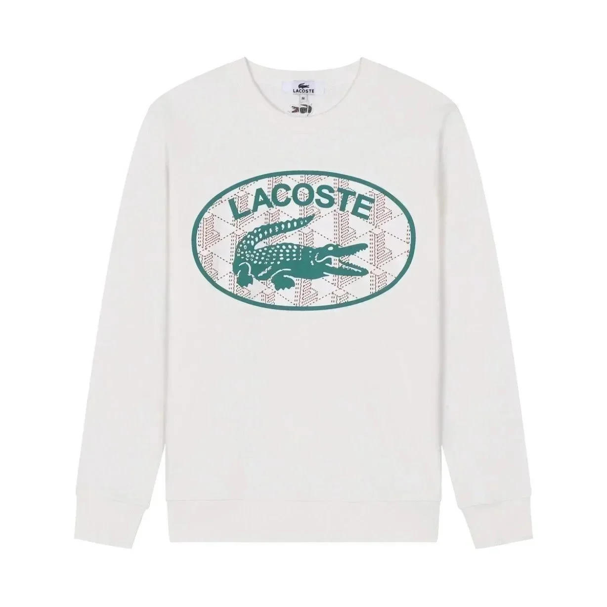 Lacoste Off-White Crewneck Sweatshirt with Large Oval Crocodile Print