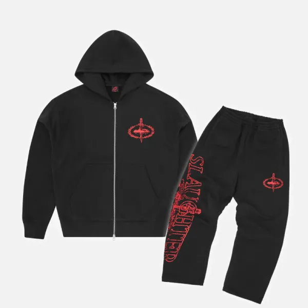 Hellstar Records Slaughter Logo Zip-Up Hoodie and Sweatpants Set Black - 5