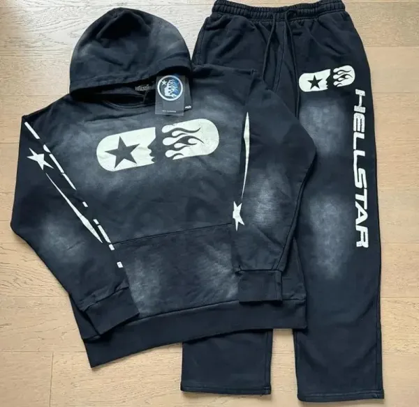 Hellstar Acid Wash Star Flame Hoodie and Sweatpants Set Black - 1