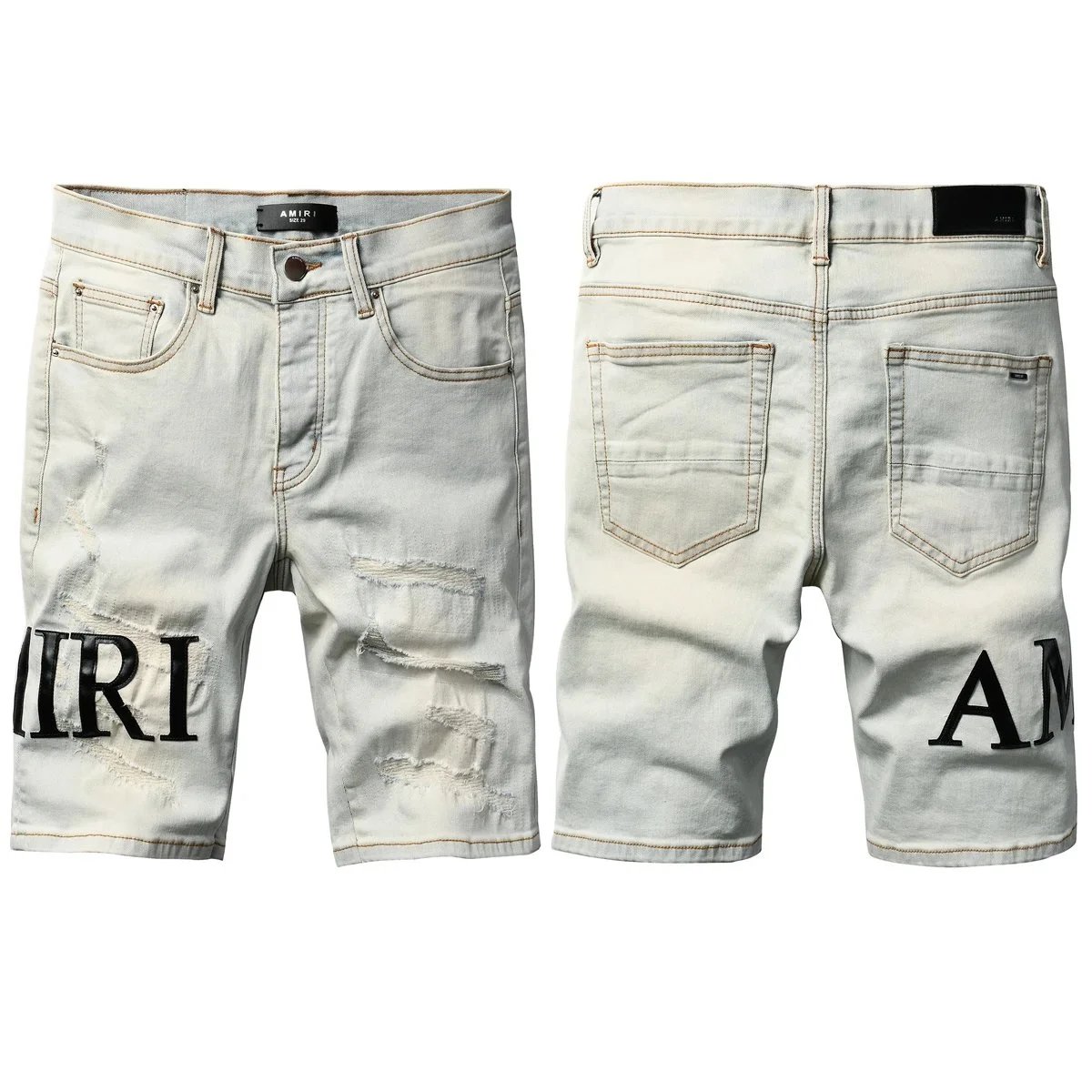 Amiri Distressed Embellished Denim Shorts Beige - 7
