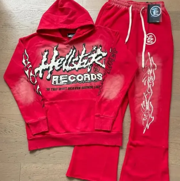 Hellcat Records x Unknown Artist Red Acid Wash Hoodie and Sweatpants Set - 1